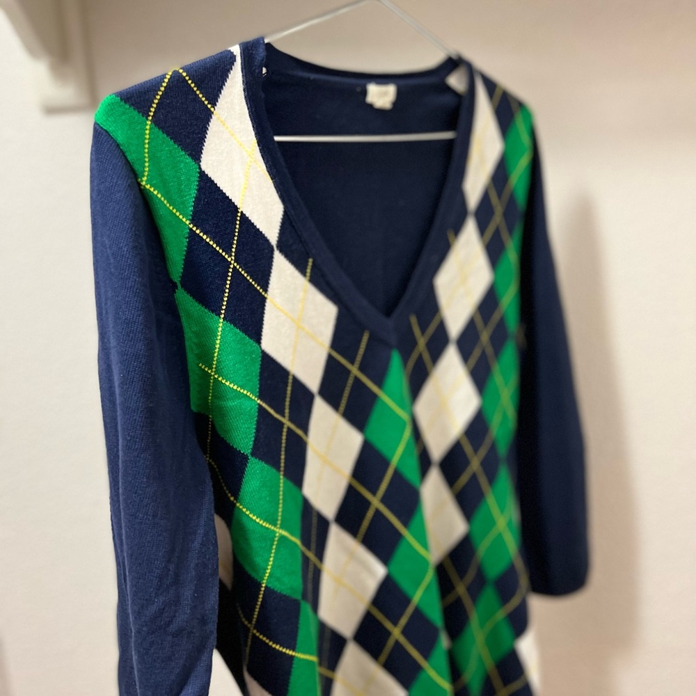 J Crew Plaid Diamond-checked Knit V-Neck Sweater - Large